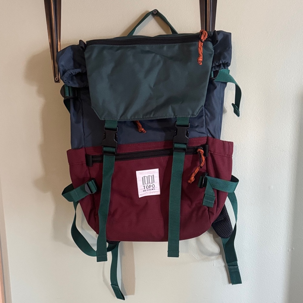Topo Designs Rover Backpack- Green and Burgundy
